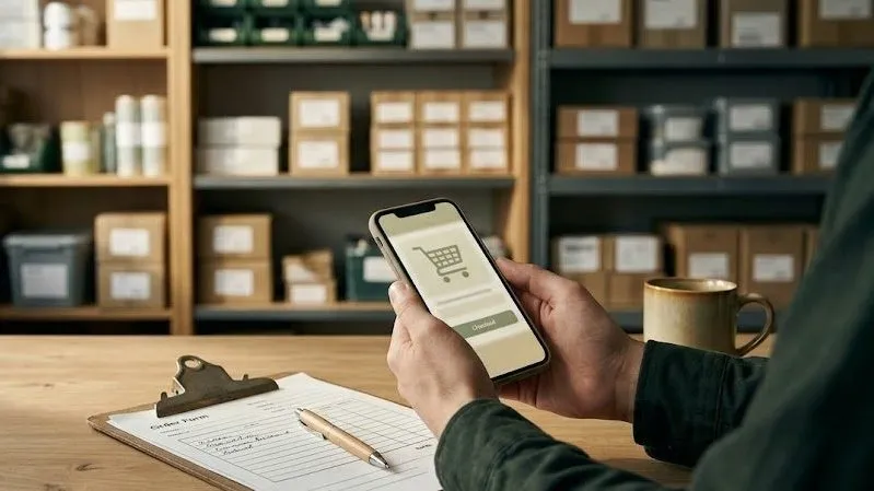 Hands hold a phone showing a shopping cart screen, with a clipboard order form on the counter and supply shelves behind.