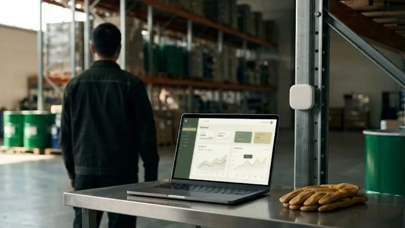 A warehouse worker, seen from behind, looks out over pallet racking beside a laptop showing an energy dashboard, with work gloves and a wall-mounted sensor nearby.